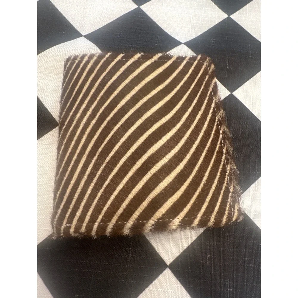 Zebra Print Calf Hair Bifold Wallet Brown Cream Animal Hide Card Case ID Window